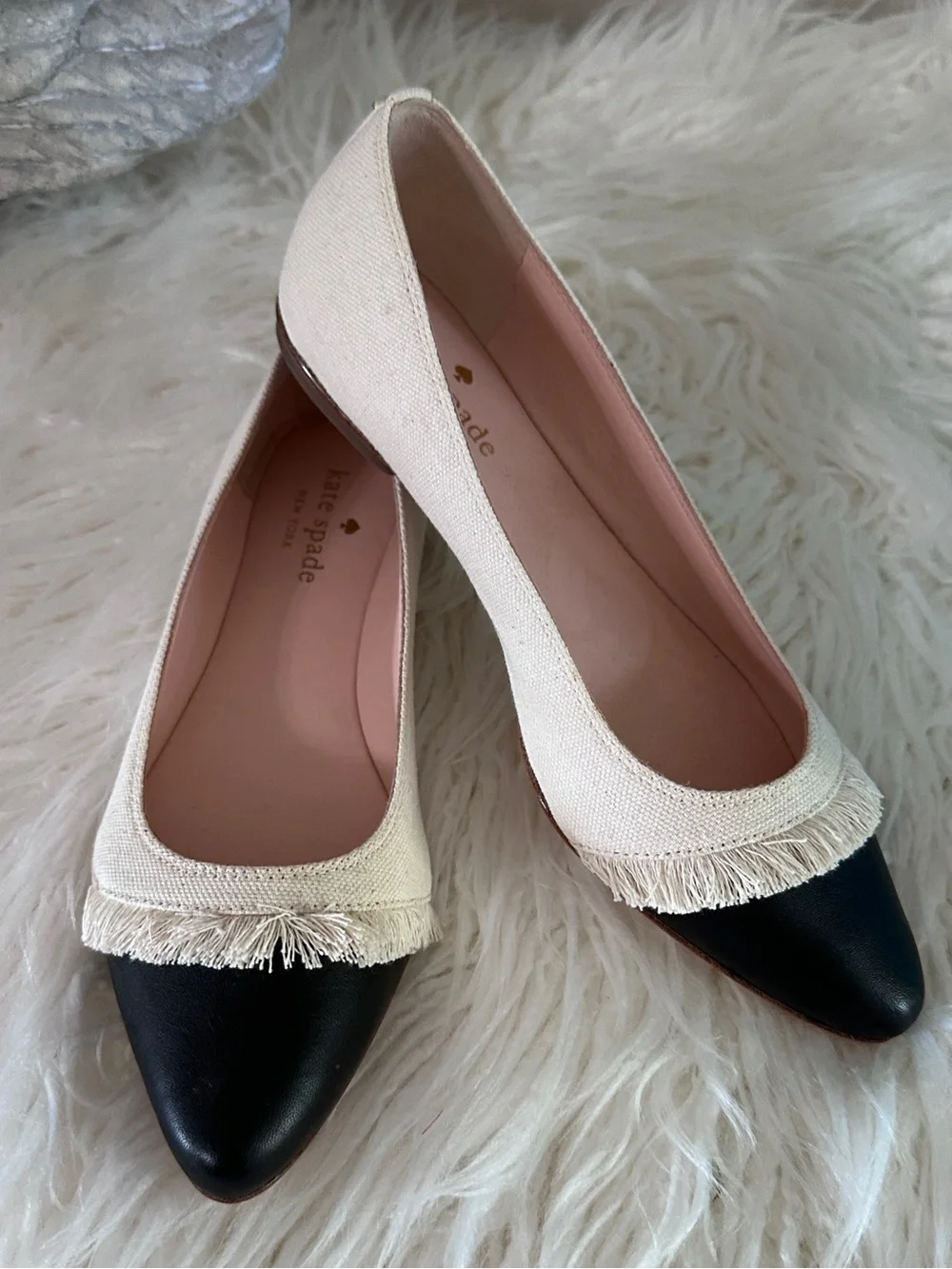 Kate Spade Nelly Ballet Flat Natural Canvas Black Cap Toe Flats Size 6 New